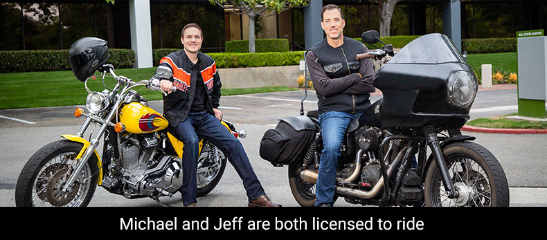 Michael and Jeff on bikes, with tagline