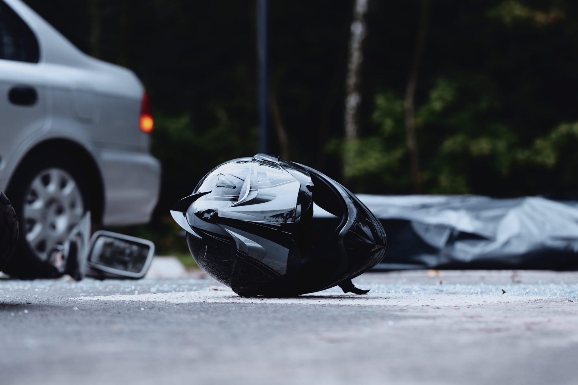 Helmet on the ground after a motorcycle accident