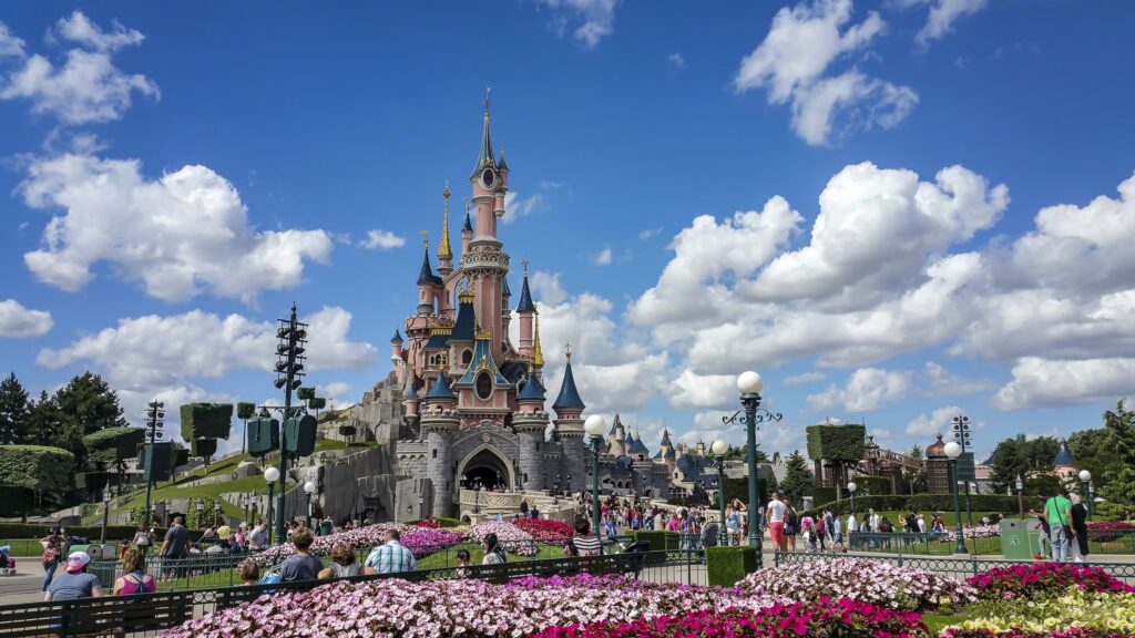 Walt Disney World's huge welcome entrance with a road.